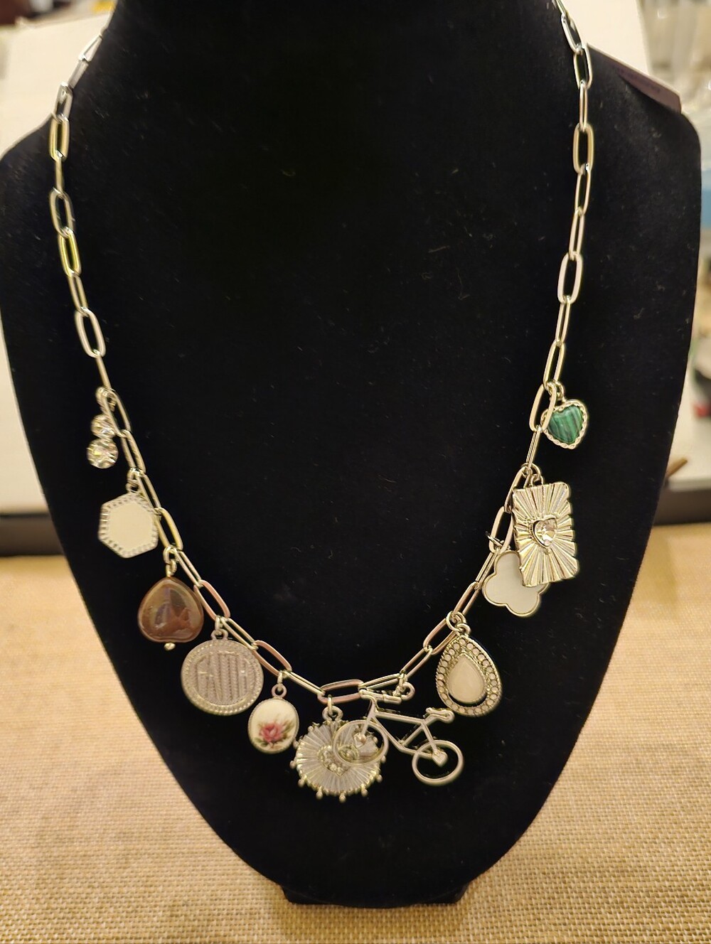 Susan Graver Silvertone Eclectic Multi Charm Necklace NWT With Box
